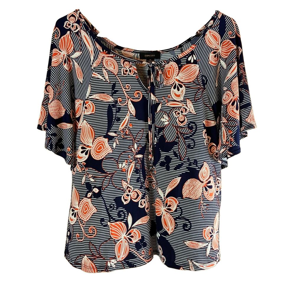 Espresso Women’s Navy Blue Stripe Orange Floral Top Size Medium
